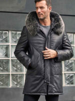 Leather Down Jacket With Fox Fur Collar Hooded Winter Overcoat Long Warm Outwear - Image 4