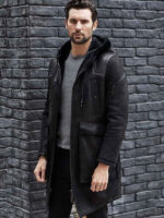 Men's Winter Shearling Fur Black Leather Long Trench Coat Outerwear - Image 4
