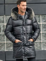 Leather Down Jacket With Fox Fur Collar Long Winter Coat Hooded Warm Overcoat - Image 4