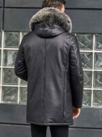 Leather Down Jacket With Fox Fur Collar Hooded Winter Overcoat Long Warm Outwear - Image 5