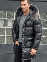 Leather Down Jacket With Fox Fur Collar Long Winter Coat Hooded Warm Overcoat - Image 5