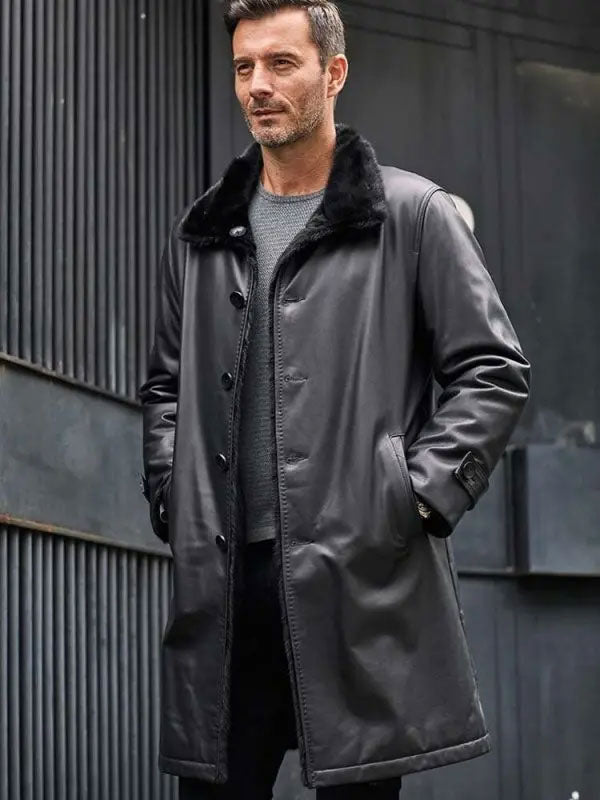 shearling-leather-coat1.jpg Black Fur Leather Parkas Long Trench Coat - Image 1
