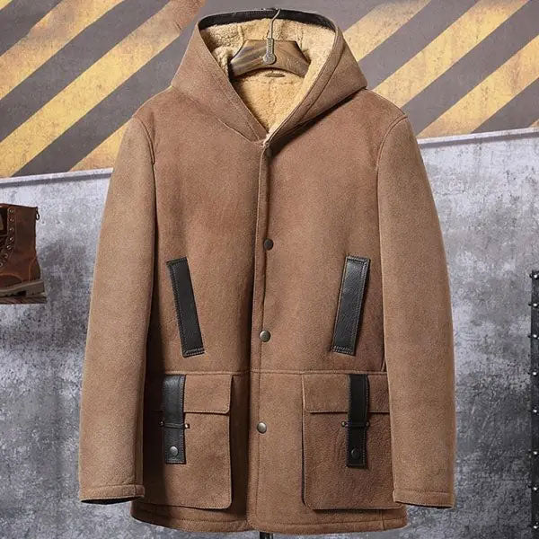 shearling-leather-coat1_0285c047-c8a8-48aa-bc62-a85eb5164b6b.jpg Men's Shearling Hooded Suede Leather Bomber Long Jacket Trench Coat - Image 1