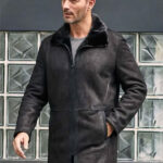 Men Black Shearling Fur Outwear Mink Overcoat Lapel Leather Jacket Coat
