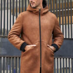 Brown Sheepskin Shearling Fur Hooded Outwear Winter Overcoat Leather Jacket