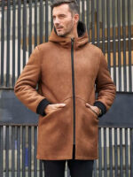 Brown Sheepskin Shearling Fur Hooded Outwear Winter Overcoat Leather Jacket
