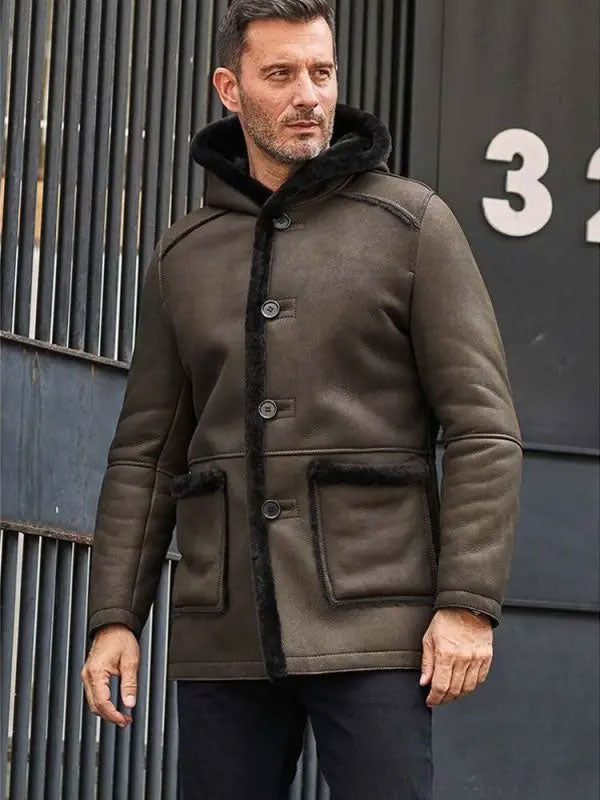 shearling-leather-coat1_f6b7b14e-1283-41b3-a8a8-7757fdcca4f9.jpg Mens Fur Coat Green Leather Overcoat Hooded Wool Parkas Warmest Winter Outwear - Image 1