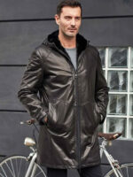 Shearling Fur Hooded Leather Trench Coat Outerwear - Image 2
