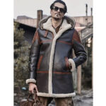 Men's Hooded Bomber Shearling Leather Jacket Trench Coat - Image 2
