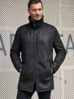 Men Black Shearling Fur Outwear Mink Overcoat Lapel Leather Jacket Coat - Image 2