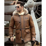 Men's Bomber Hooded Mink Fur Shearling Leather Long Jacket Coat - Image 2