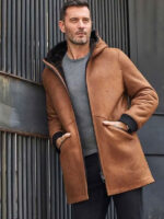 Brown Sheepskin Shearling Fur Hooded Outwear Winter Overcoat Leather Jacket - Image 2