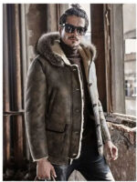 Mens Hooded Shearling Collar Leather Bomber Jacket - Image 2