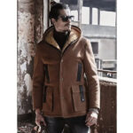 Men's Shearling Hooded Suede Leather Bomber Long Jacket Trench Coat - Image 2