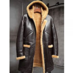 Mens RAF Hooded Shearling Fur Sheepskin Leather Long Jacket Winter Coats - Image 2