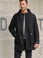 Outwear Winter Fur Coat Black Sheepskin Leather Overcoat - Image 2