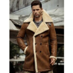 Mens Flight Sheepskin Shearling Aviator Leather Trench Coat - Image 2