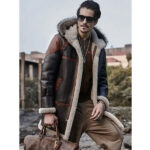 Men's Hooded Bomber Shearling Leather Jacket Trench Coat - Image 3