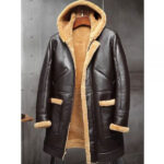 Mens RAF Hooded Shearling Fur Sheepskin Leather Long Jacket Winter Coats - Image 3