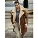 Mens Flight Sheepskin Shearling Aviator Leather Trench Coat - Image 3
