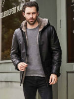 Fur Overcoat Black Leather Jacket Hooded Winter Outerwear - Image 3