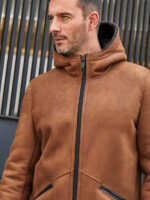 Brown Sheepskin Shearling Fur Hooded Outwear Winter Overcoat Leather Jacket - Image 3
