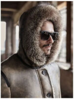 Mens Hooded Shearling Collar Leather Bomber Jacket - Image 3