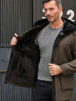 Mens Fur Coat Green Leather Overcoat Hooded Wool Parkas Warmest Winter Outwear - Image 3