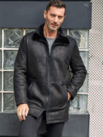 Men Black Shearling Fur Outwear Mink Overcoat Lapel Leather Jacket Coat - Image 3