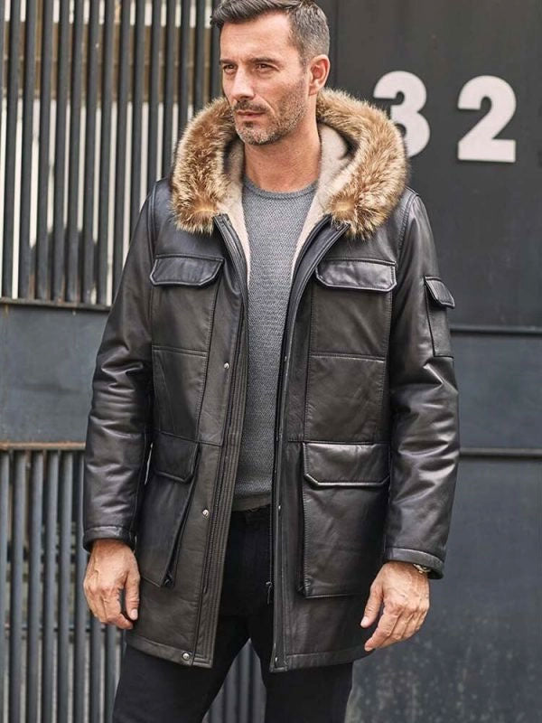 shearling-leather-coat4.jpg Mink Coat Long Winter Overcoat Black Leather Parkas Fur Outwear - Image 1