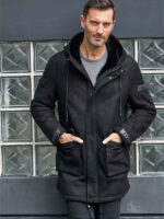 Outwear Winter Fur Coat Black Sheepskin Leather Overcoat - Image 4