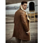 Mens Flight Sheepskin Shearling Aviator Leather Trench Coat - Image 4