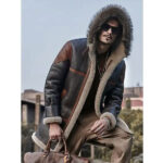 Men's Hooded Bomber Shearling Leather Jacket Trench Coat - Image 4