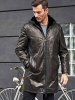 Shearling Fur Hooded Leather Trench Coat Outerwear - Image 4