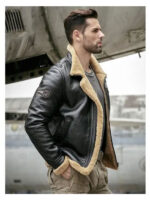 Mens Sheepskin Motorcycle Shearling Leather Bomber Jacket - Image 4