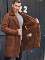 Winter Brown Fur Leather Long Trench Overcoat Outwear - Image 4