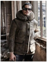 Mens Hooded Shearling Collar Leather Bomber Jacket - Image 4