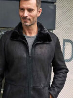 Men Black Shearling Fur Outwear Mink Overcoat Lapel Leather Jacket Coat - Image 4