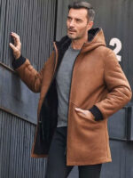 Brown Sheepskin Shearling Fur Hooded Outwear Winter Overcoat Leather Jacket - Image 4
