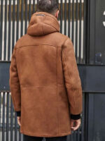 Brown Sheepskin Shearling Fur Hooded Outwear Winter Overcoat Leather Jacket - Image 5