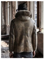 Mens Hooded Shearling Collar Leather Bomber Jacket - Image 5