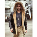 Men's Bomber Hooded Mink Fur Shearling Leather Long Jacket Coat - Image 6