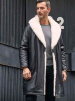 Men's Winter Shearling Fur Black Leather Long Trench Coat Outerwear - Image 5