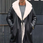 Men's Winter Shearling Fur Black Leather Long Trench Coat Outerwear