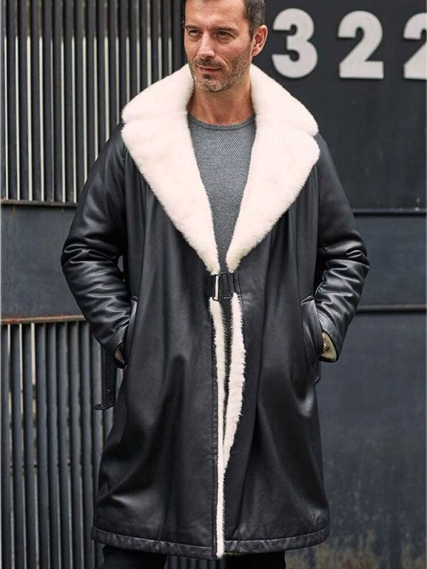 shearlingleathercoat2.jpg Men's Winter Shearling Fur Black Leather Long Trench Coat Outerwear - Image 1