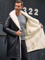 Men's Winter Shearling Fur Black Leather Long Trench Coat Outerwear - Image 2