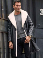 Men's Winter Shearling Fur Black Leather Long Trench Coat Outerwear - Image 3