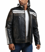 Men's Black Cafe Racer Biker Leather Jacket With White Straps - Image 3