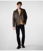 Men's Distressed Biker Leather Jacket In Dark Brown - Image 4