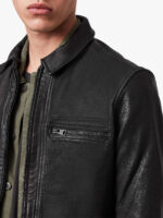 Men Solid Black Leather Jacket - Image 5